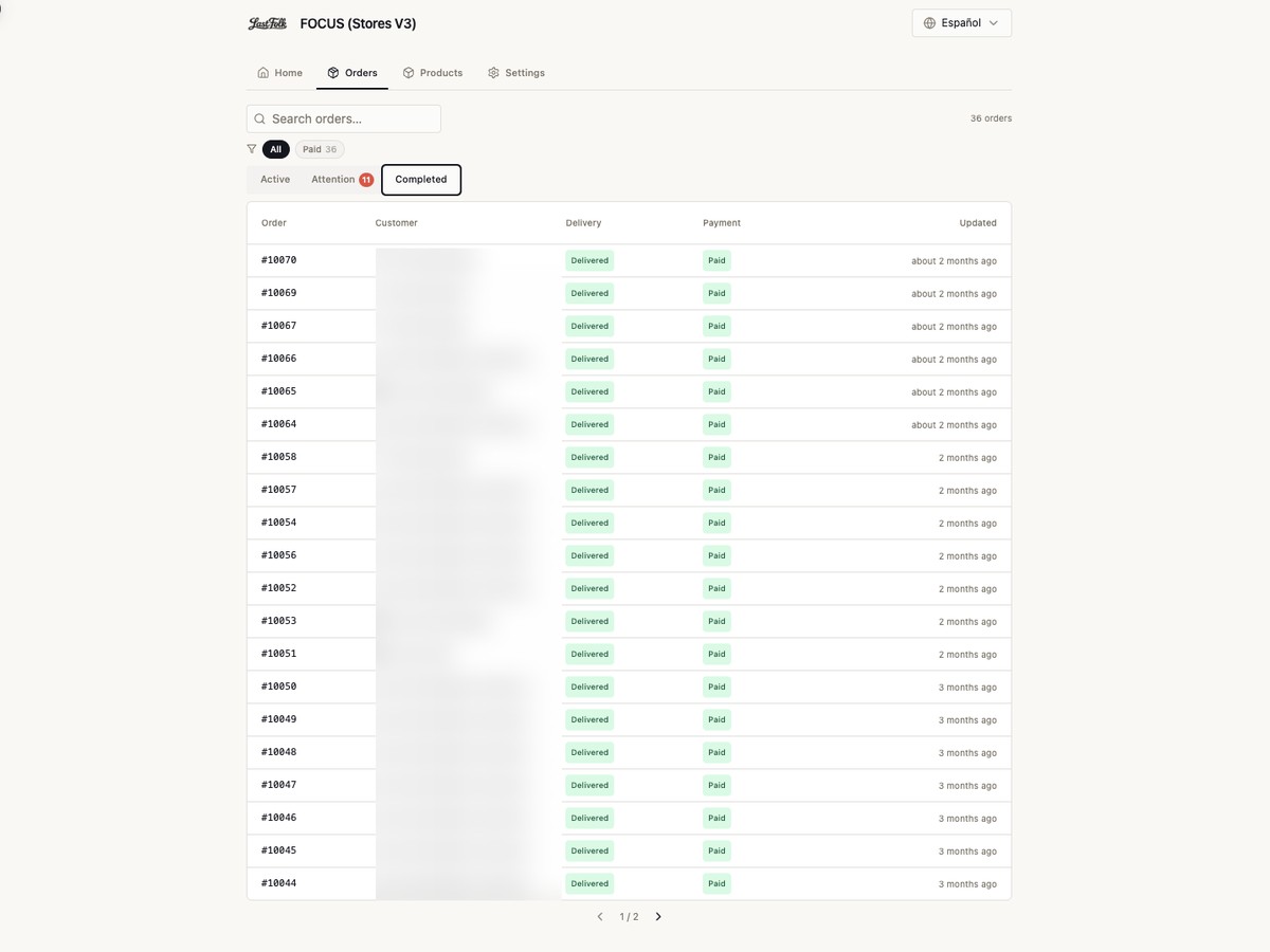LastFolk orders panel showing delivered orders with their payment status
