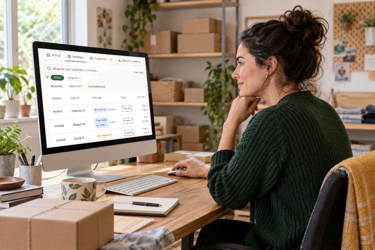 Una persona en un taller con cajas y estanterías mira un monitor con el panel de pedidos de LastFolk, con datos de demostración.