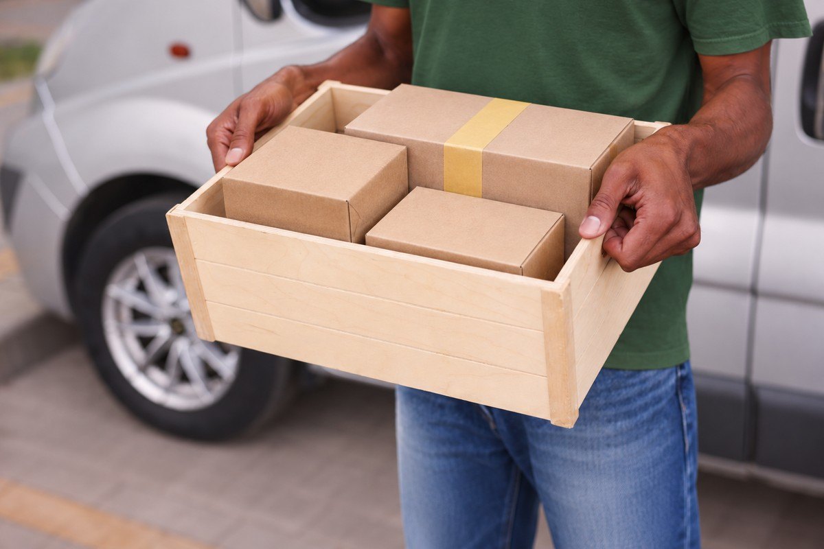 A person holds a wooden crate of parcels next to a van.