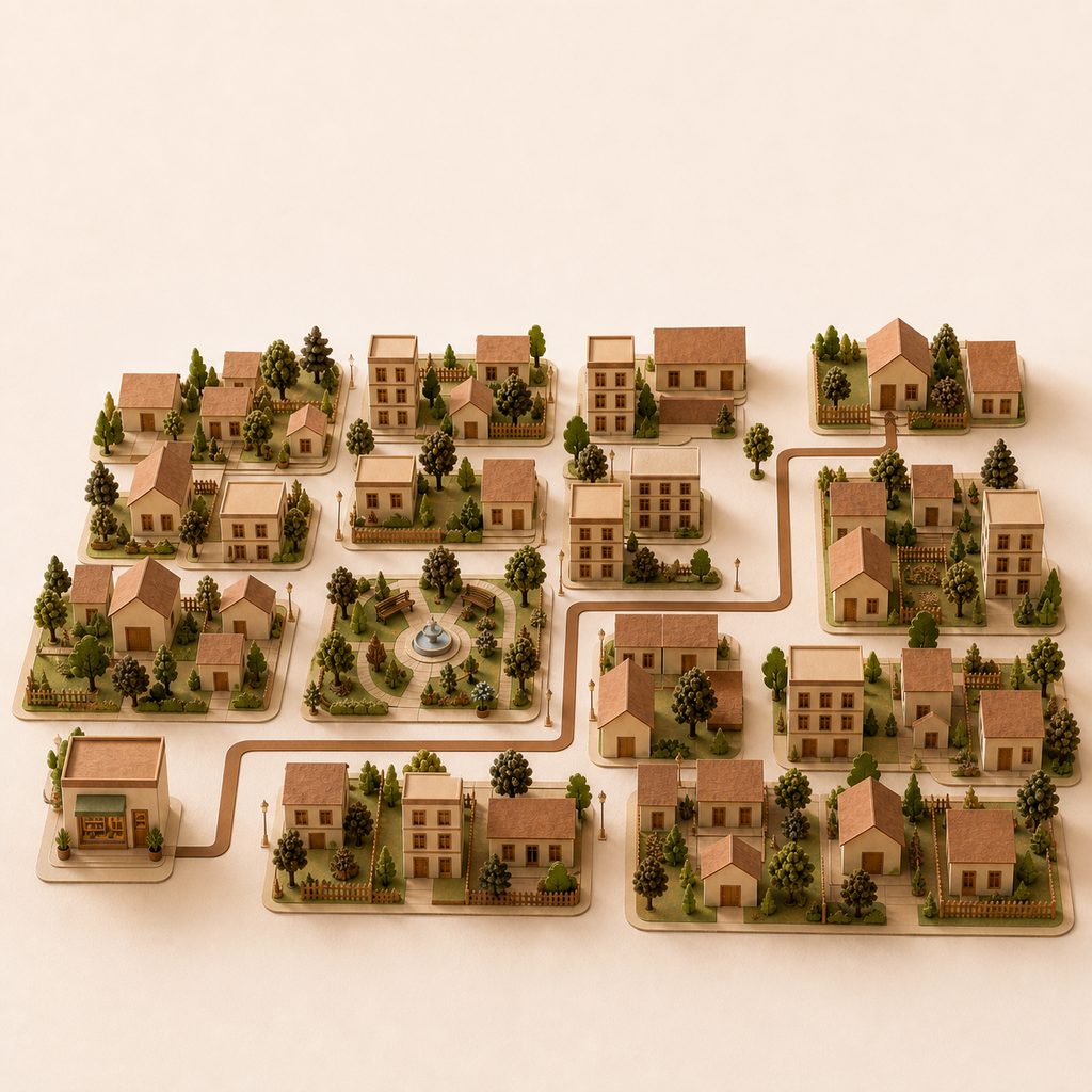 A paper-model neighbourhood with a single road running between two houses a few blocks apart.