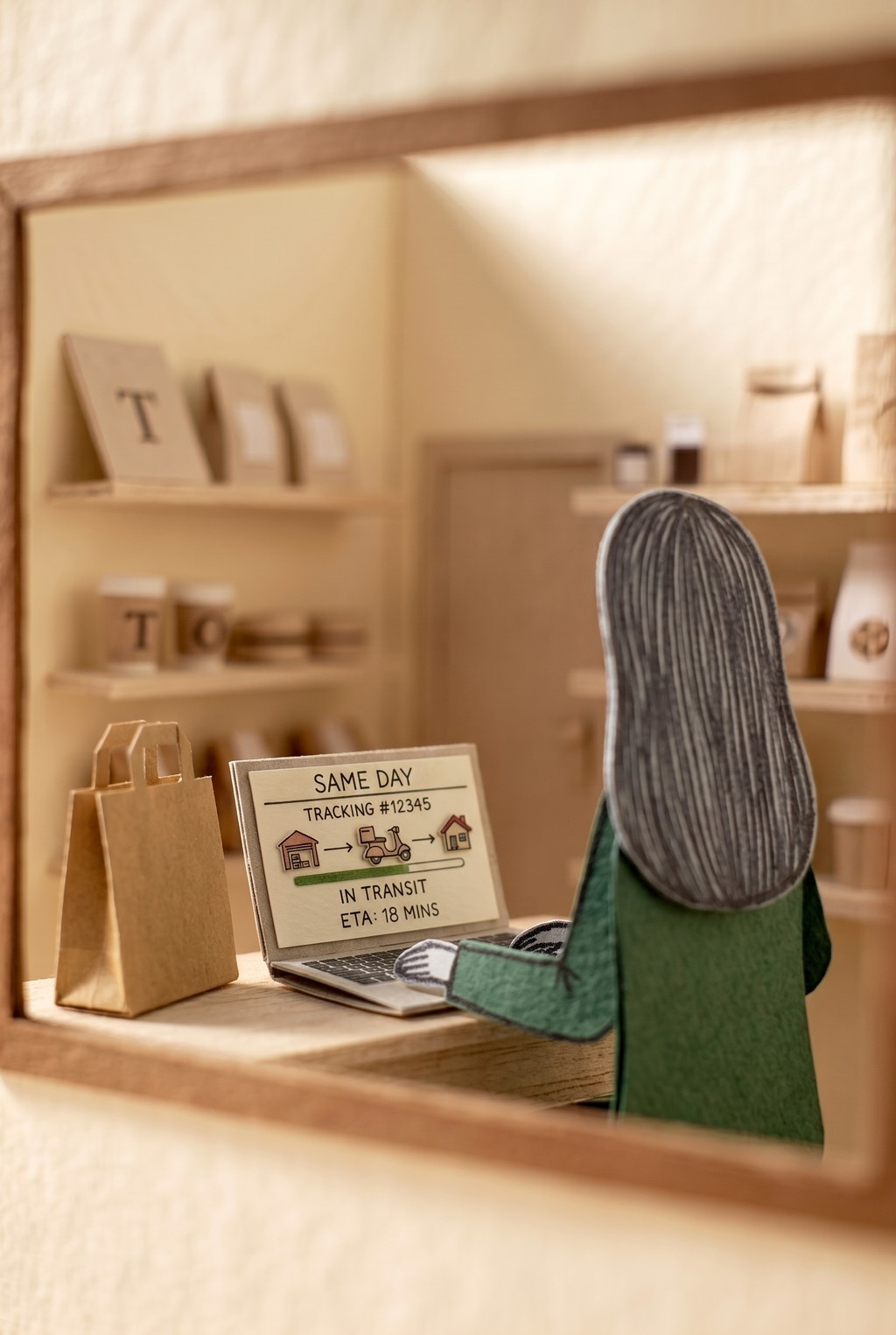 The same shop: on the laptop screen, a dispatched order with live tracking and an 18-minute estimated delivery.