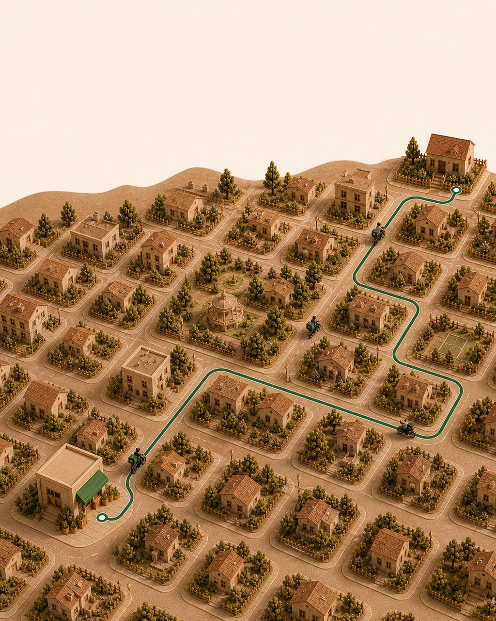 A wide paper-model town with a green delivery route drawn from a shop out into the streets.