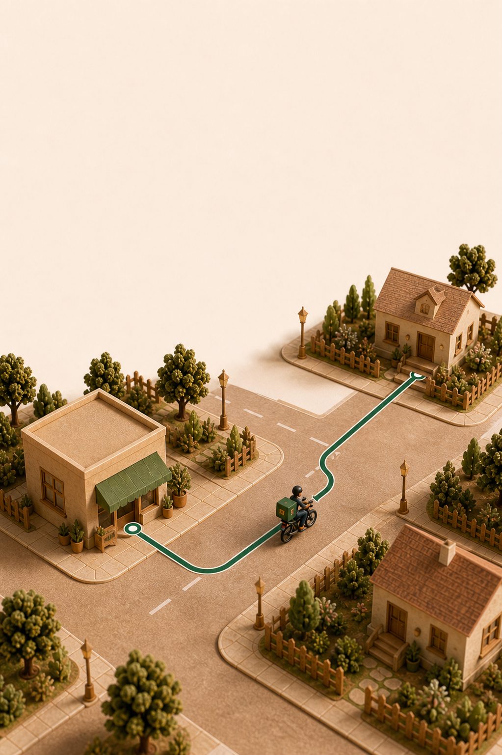 A short green route between a corner shop and a nearby house, with a courier on a motorbike in between.