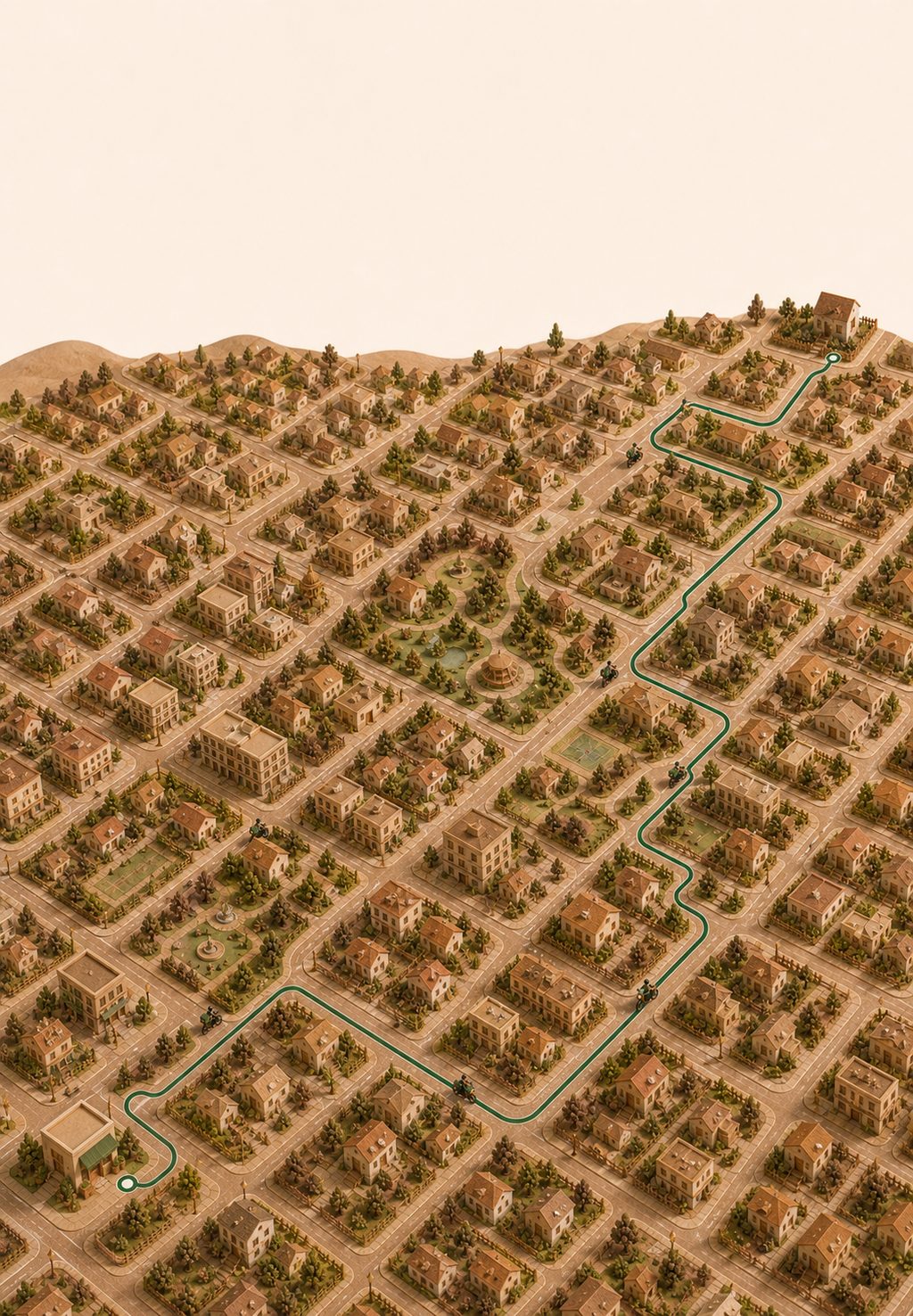 A city-wide paper model seen from above, with one green route crossing many blocks.