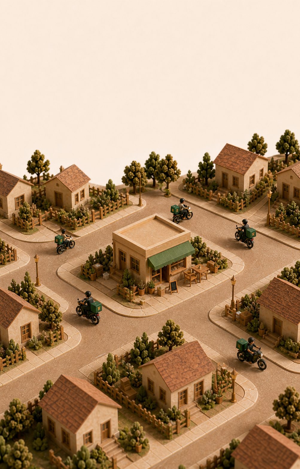 Maqueta de papel de un barrio con varios repartidores circulando por sus calles.