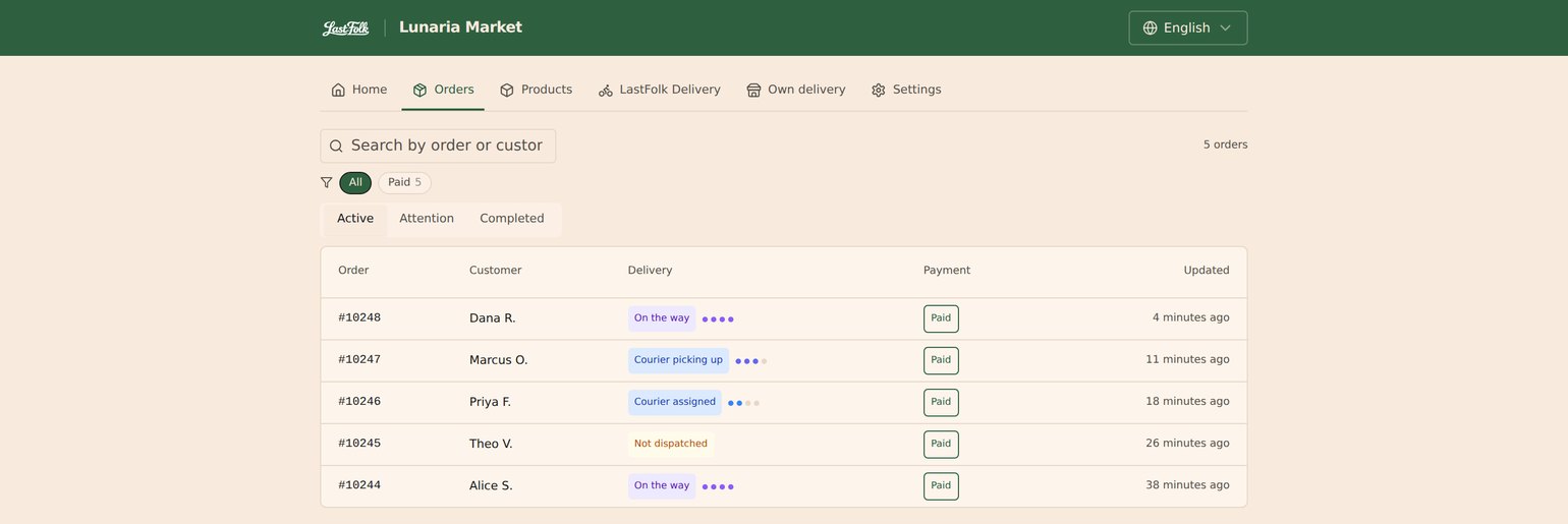 The LastFolk orders panel in English, with five orders and, on each one, the delivery status beside the payment status