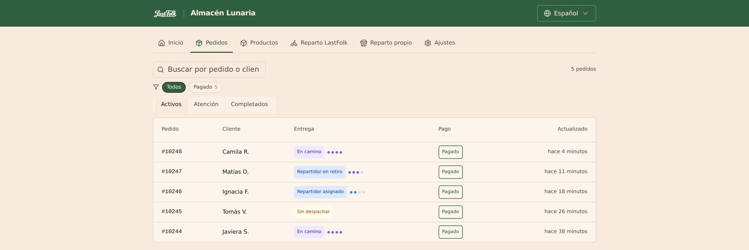 El panel de pedidos de LastFolk en español, con cinco pedidos y, en cada uno, el estado de la entrega junto al estado del pago